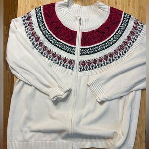 CJ Banks Ivory Cardigan with Red and Black Accents